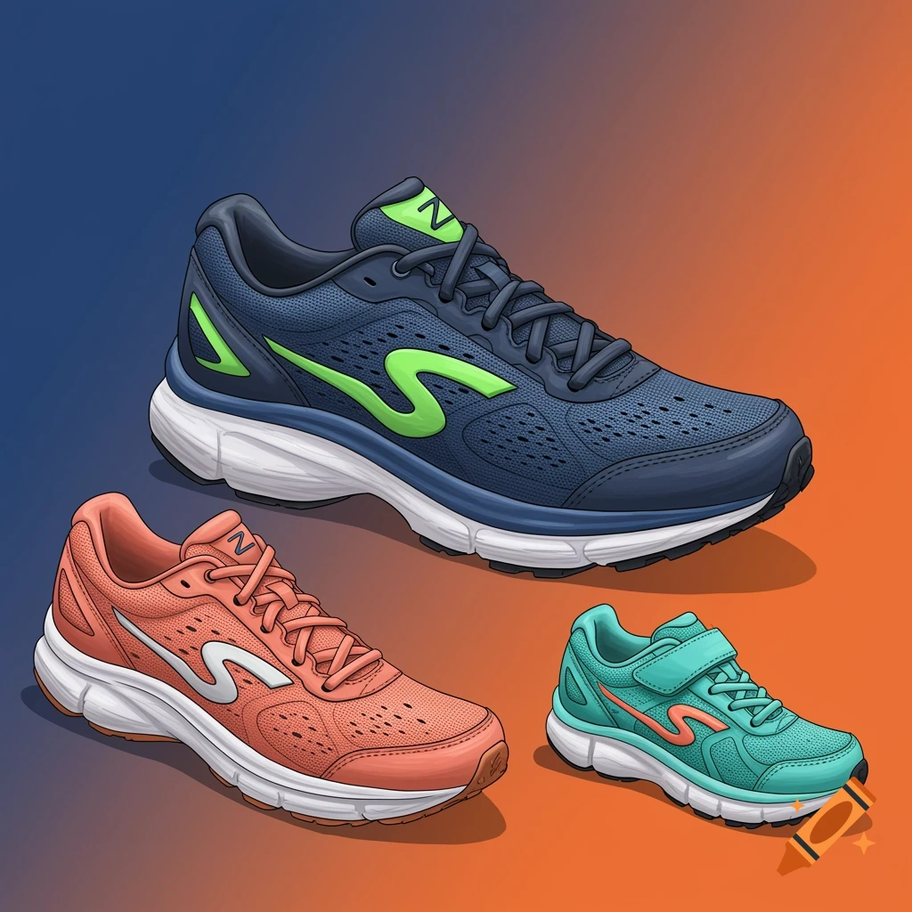 Illustration of three running shoes: navy blue, coral, and turquoise, on a gradient background.