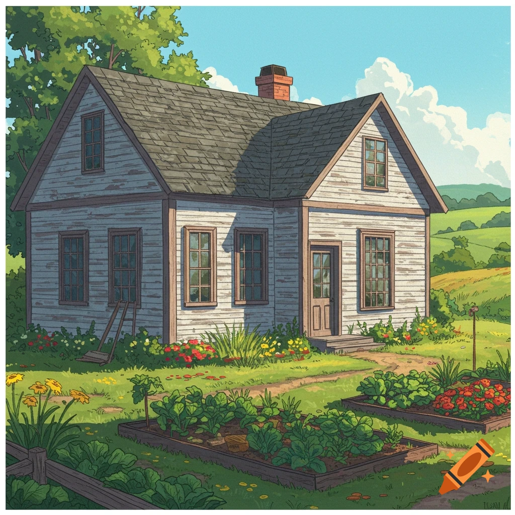 A white country house with a garden and green fields under a blue sky.