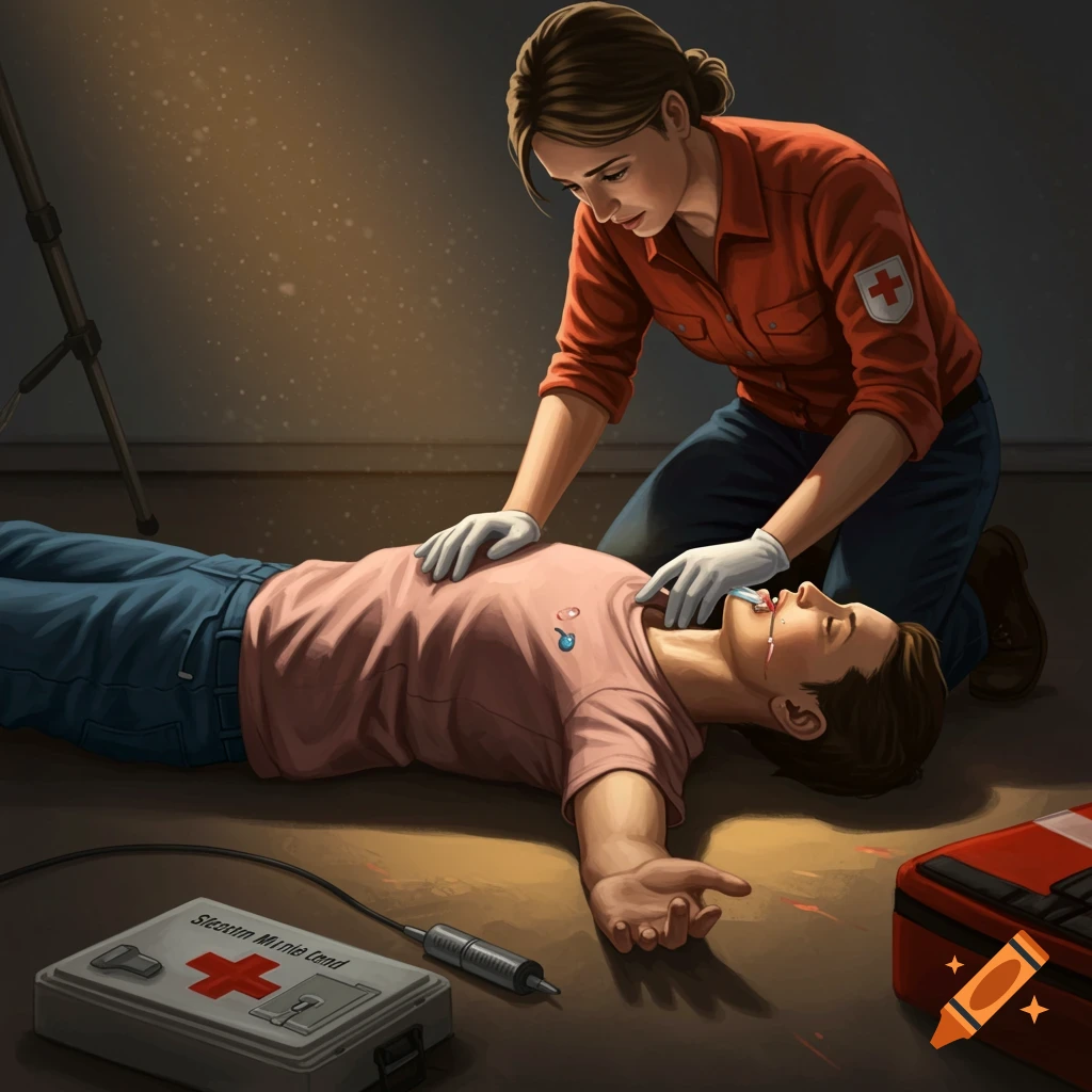 A person performing first aid on a victim lying on the ground.