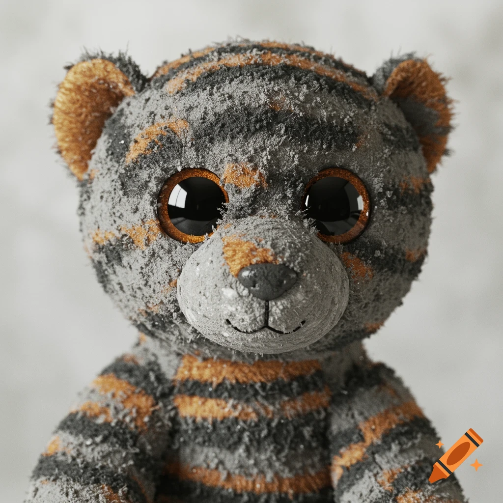 Close-up of a stuffed toy, resembling a tiger or bear, covered in rough grey cement.