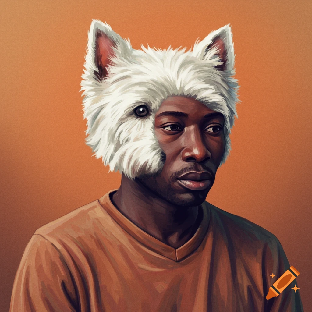 A black man is wearing a white dog head mask