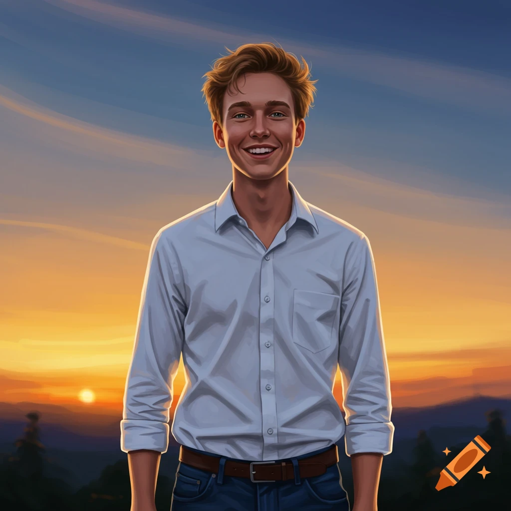 A smiling young man standing before a sunset.