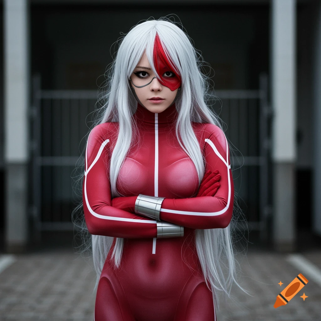 A person in a red and white superhero costume with white and red hair stands with arms crossed.