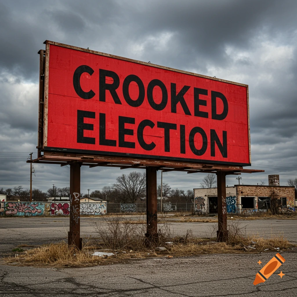 Red billboard with CROOKED ELECTION text in a derelict urban landscape under a cloudy sky, photorealistic style.
