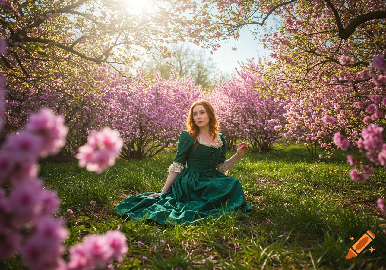 A woman in a green period dress sits in a park with pink flowering trees.