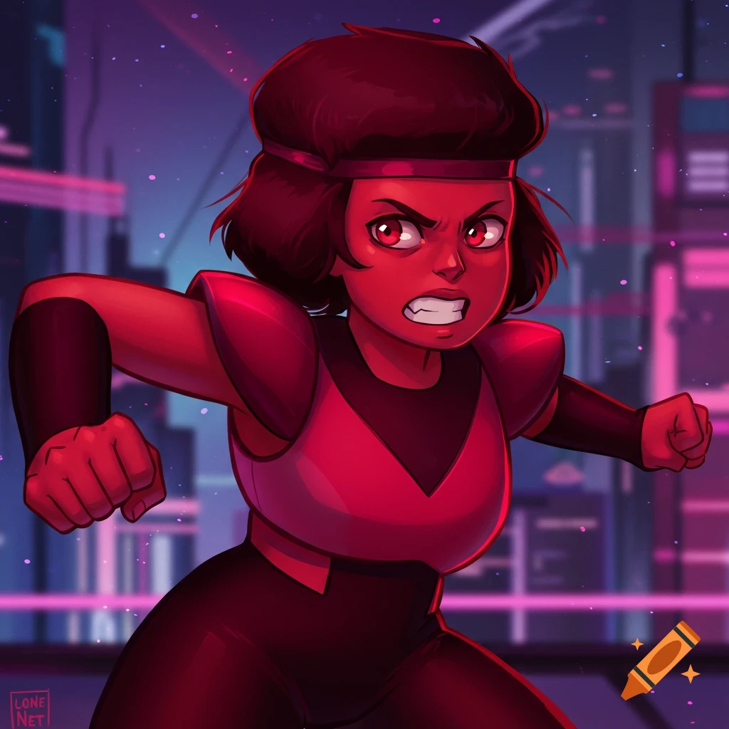 Ruby from Steven Universe in a red outfit, angry and ready to fight, against a city background.