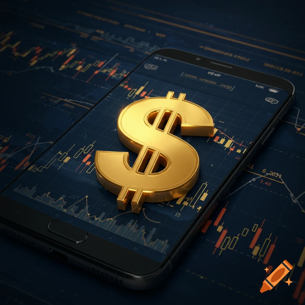 A large golden dollar sign resting on a smartphone screen displaying detailed stock market charts and data.