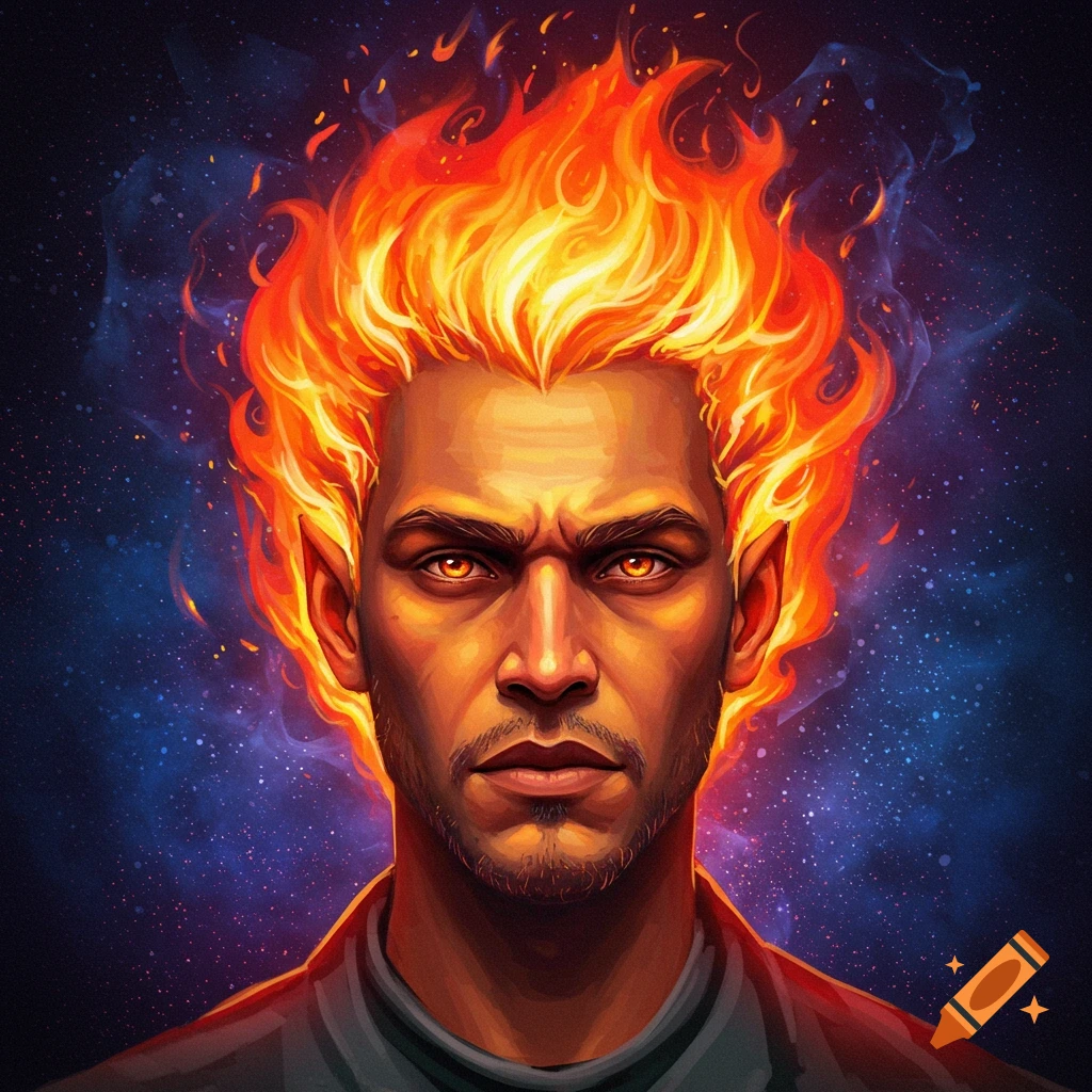 A man with hair that looks like flames stands against a backdrop of stars in space.