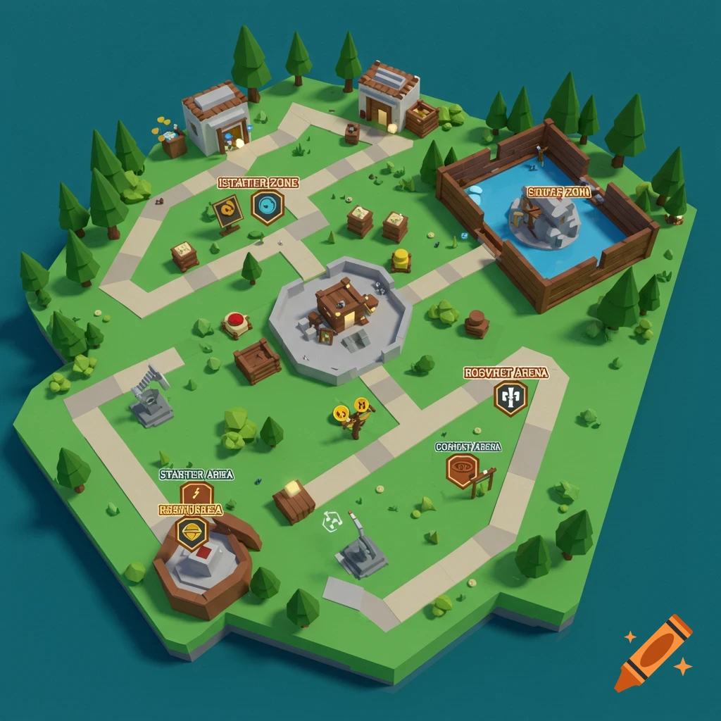 A top-down view of a cartoonish 3D game map with buildings, trees, paths, and labeled zones.