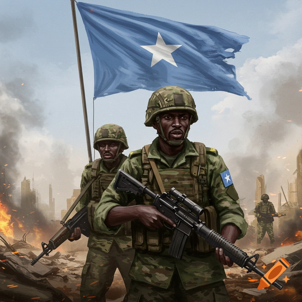 Two soldiers stand in a destroyed city with a large Somalia flag waving behind them.