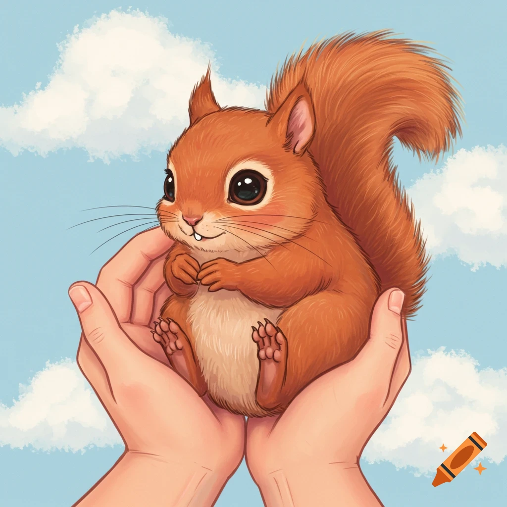 A cute squirrel held in human hands against a sky background, digital art.