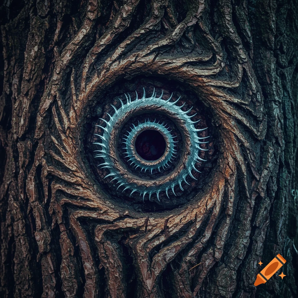 Close-up of tree bark spiraling into a dark hole with a ring of pale spines.