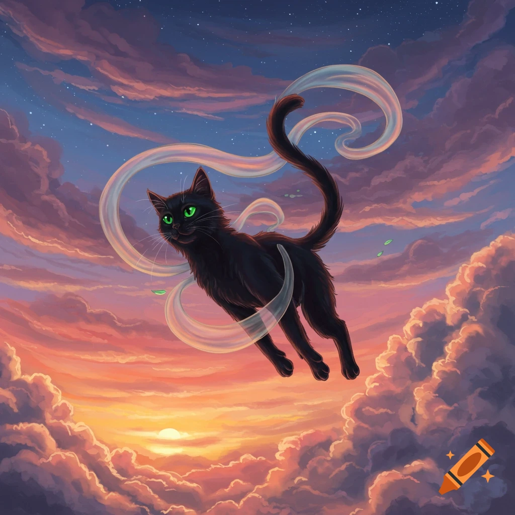 A black cat flying through a colorful sunset sky