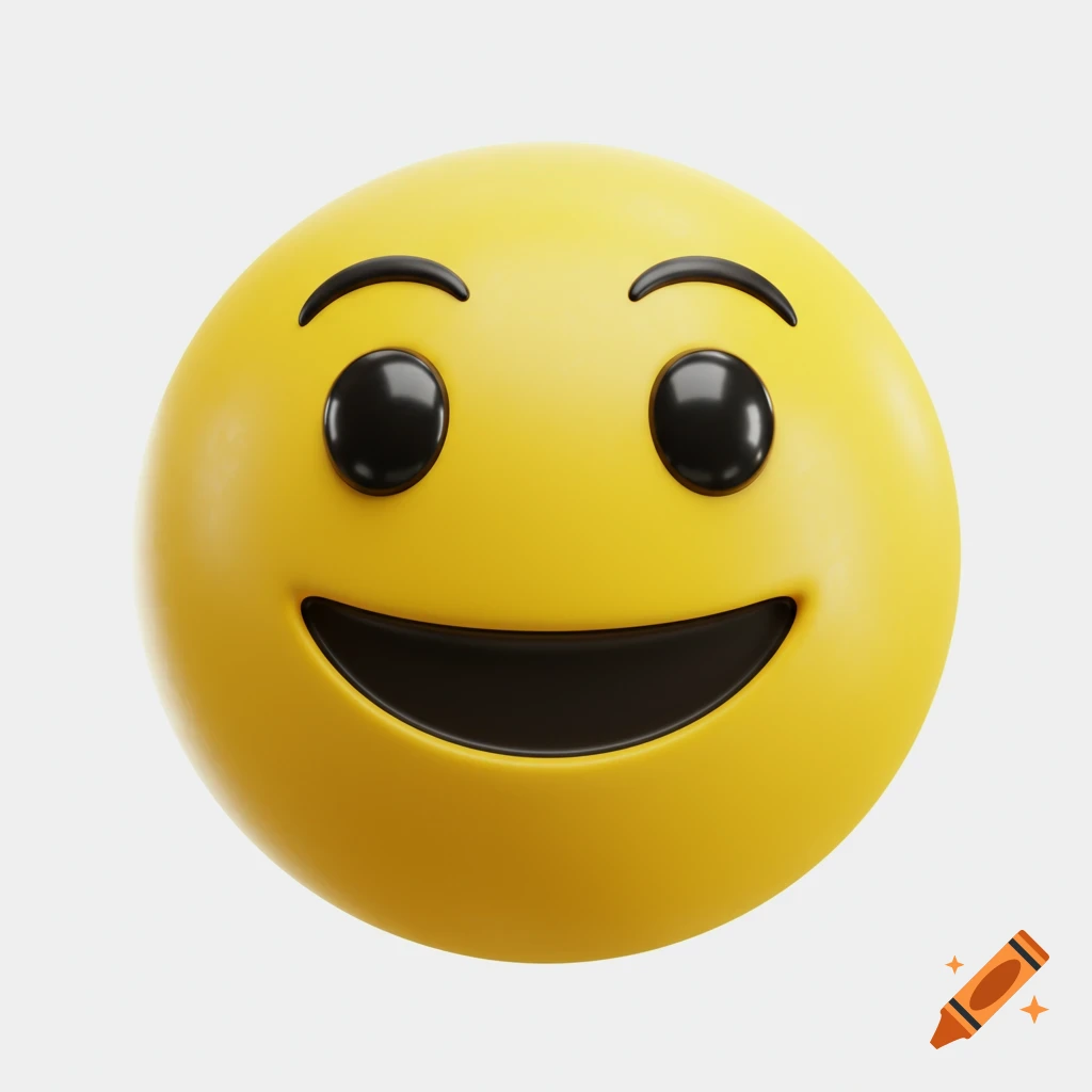 A 3D rendering of a yellow smiling face emoji.