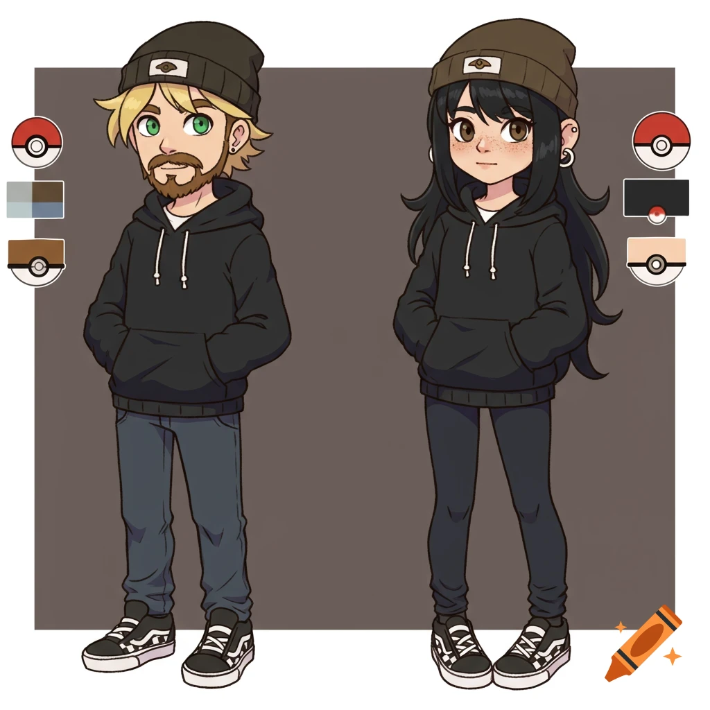 Two anime-style Pokémon trainers, male and female, in black hoodies, beanies, and checkerboard vans.