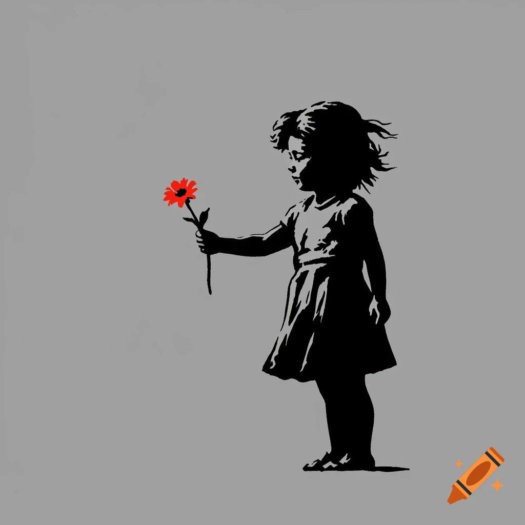 Stencil silhouette of a child holding a red flower against grey