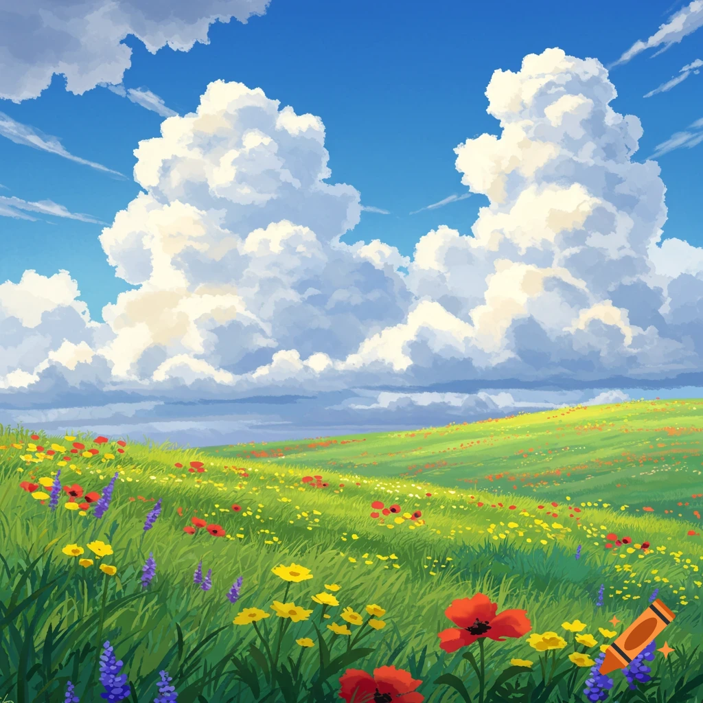 A vibrant hillside covered in red, yellow, and purple wildflowers under a blue sky with large clouds.