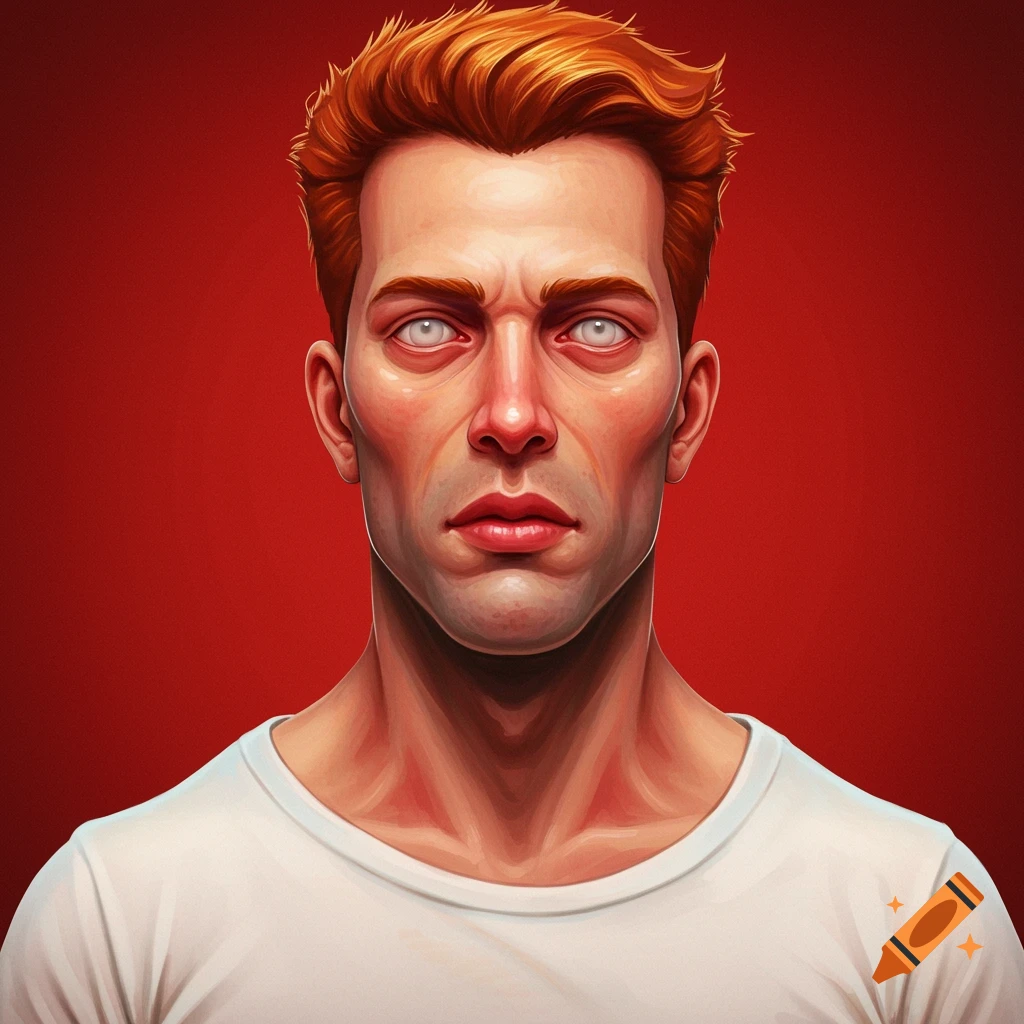 A man with orange hair, pale eyes, and red skin in a white t-shirt against a red background.