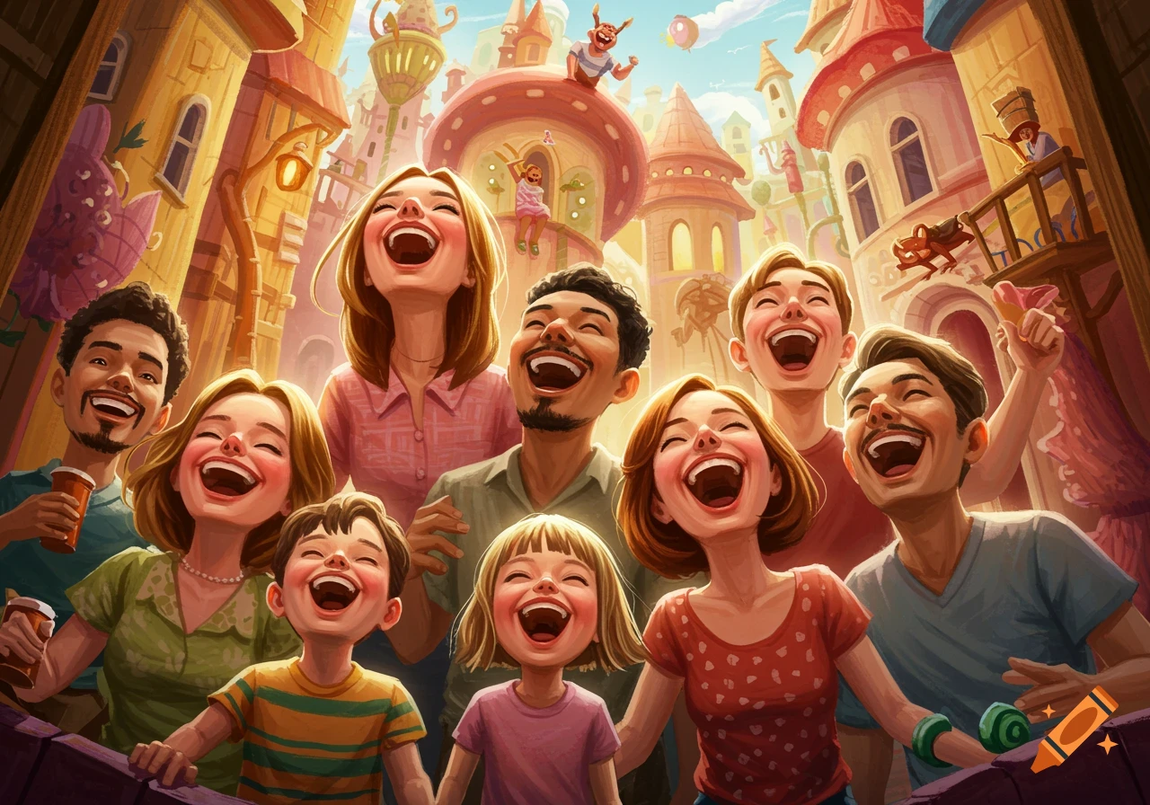 A group of people laughing joyfully in a colorful, whimsical town square
