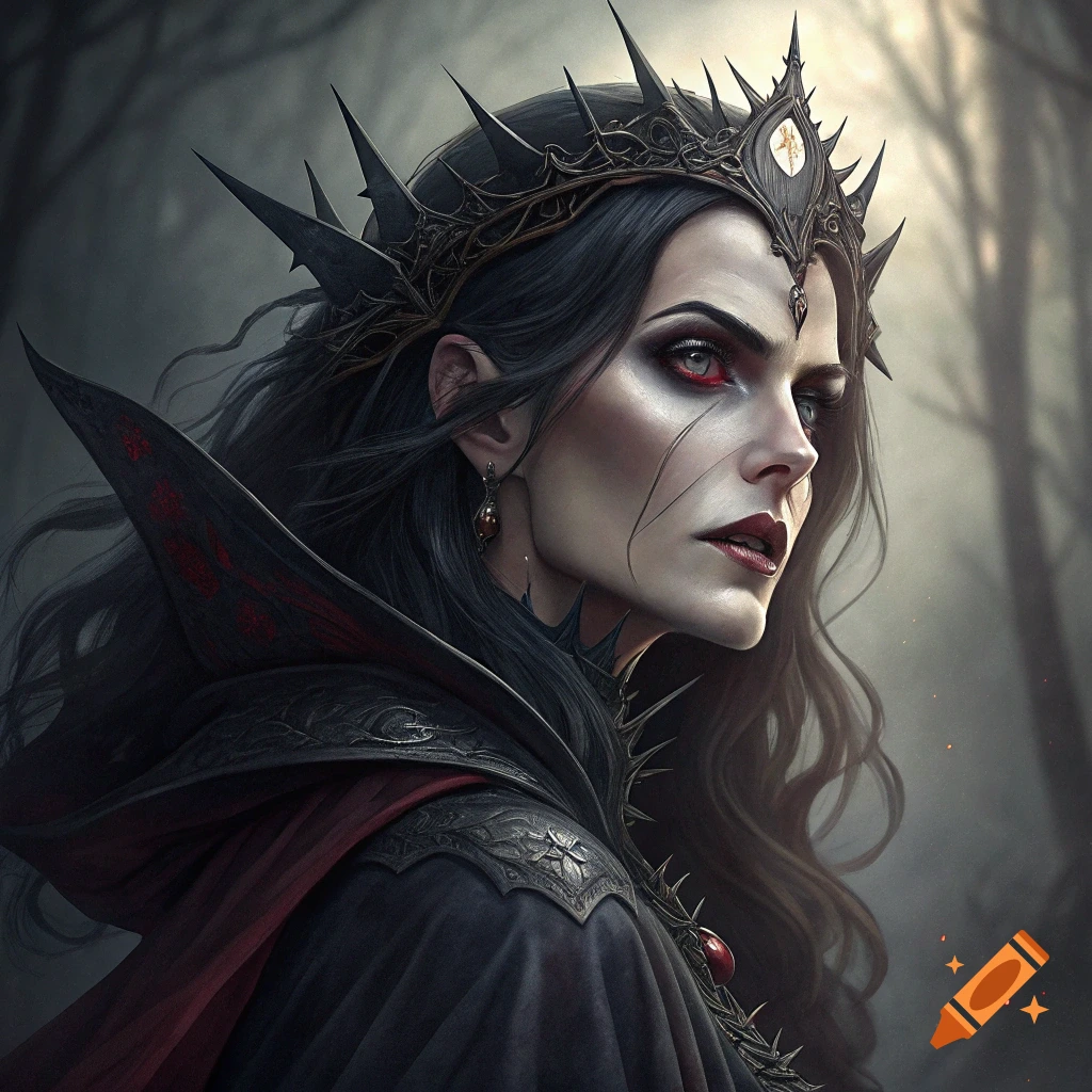 Portrait of a dark fantasy queen with a spiked crown and cape in a forest.