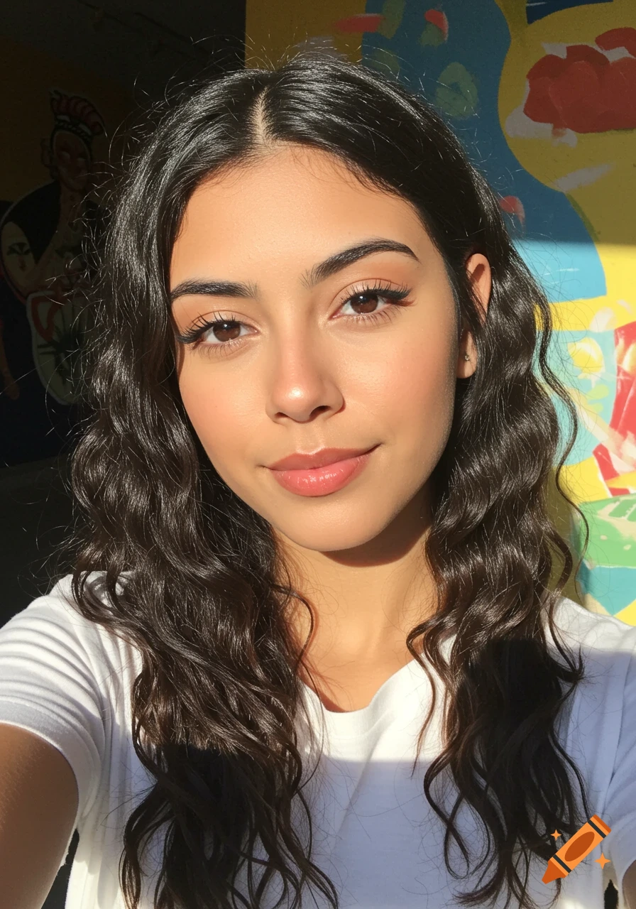 A close-up portrait of a young woman with long wavy hair smiling slightly, in front of a colorful mural.