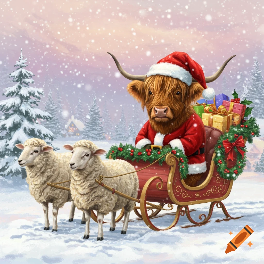 A Highland cow dressed as Santa in a sleigh pulled by two sheep in a snowy Christmas scene.