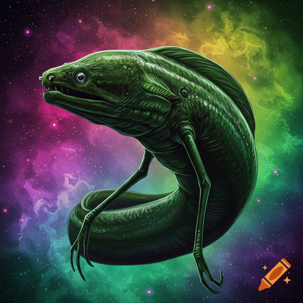 A green eel creature with legs floats in a colorful space nebula.