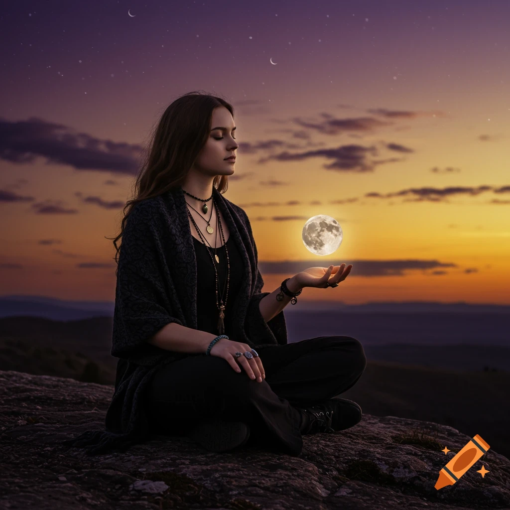A woman sits on a rock at sunset, meditating with a moon floating above her hand. Photorealistic.