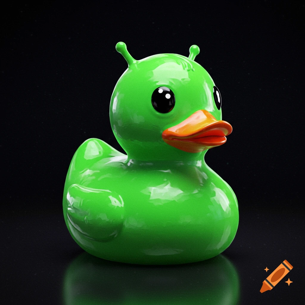 A shiny green rubber duck toy with alien antennae against a dark background.