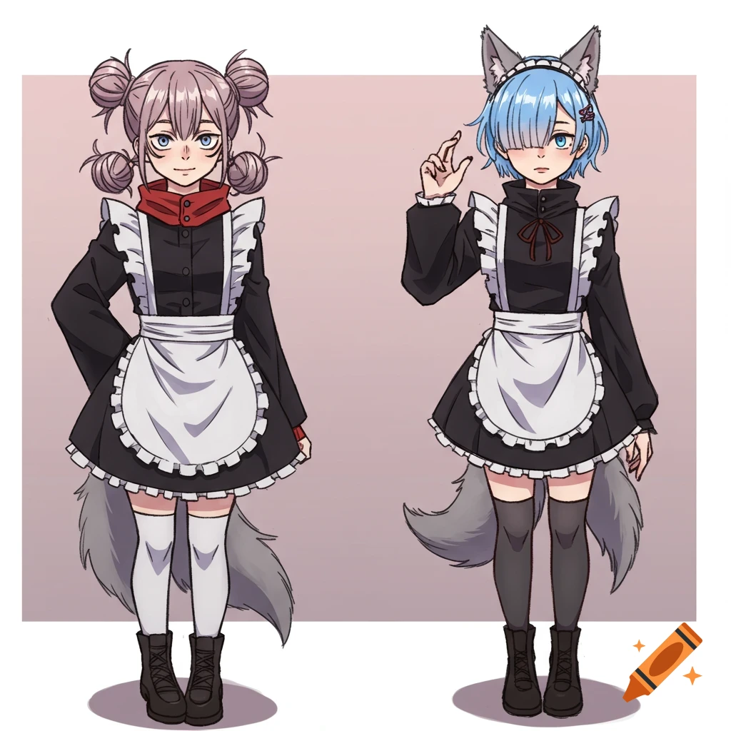 Two anime characters in maid outfits with wolf ears and tails stand side-by-side.