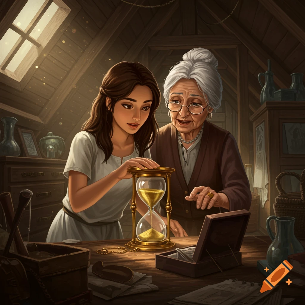 Young woman and elderly woman examine a glowing golden hourglass in a dusty attic.