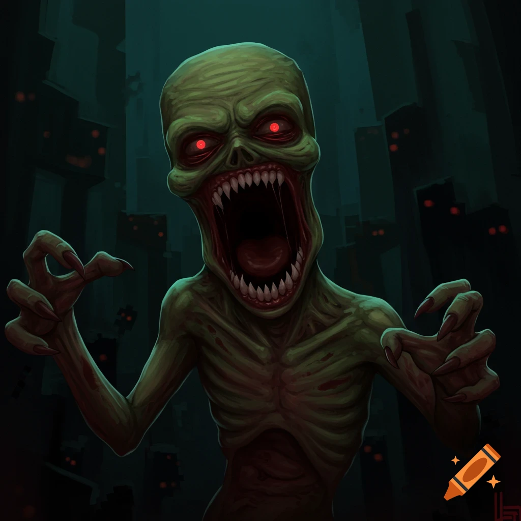 A screaming green monster with red eyes and claws reaches out in a dark city.