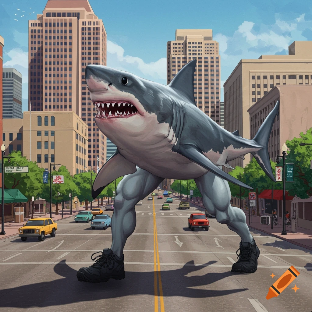 A large shark with muscular legs walks down a city street.