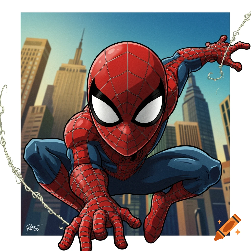 Anime Spider-Man crouching with city buildings in the background