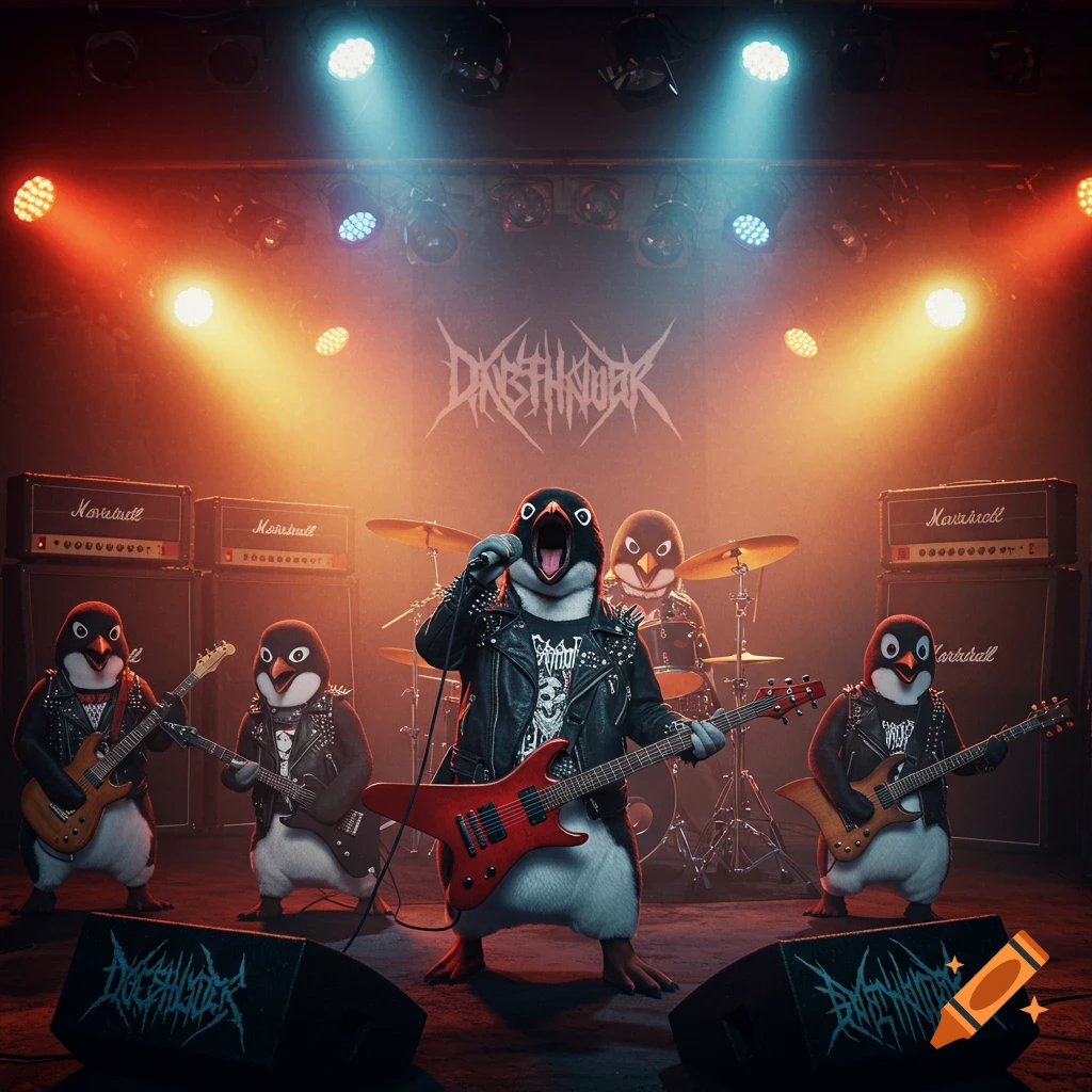 Photo of a band of penguins playing death metal on a stage with guitars and drums.