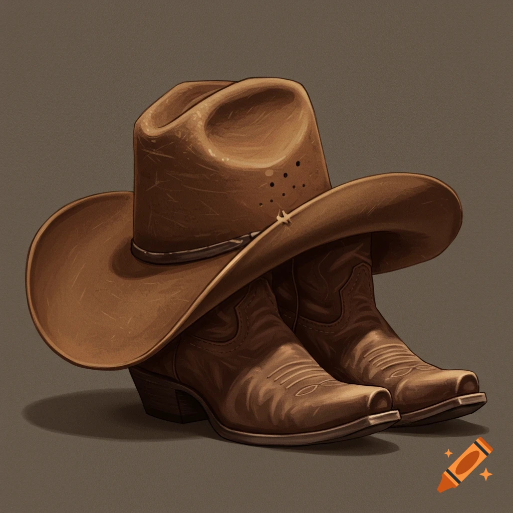 A brown cowboy hat resting on brown cowboy boots.