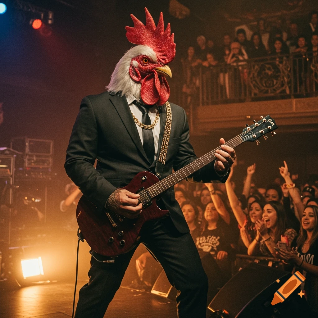 A person wearing a rooster mask and suit plays electric guitar on stage for a cheering crowd.