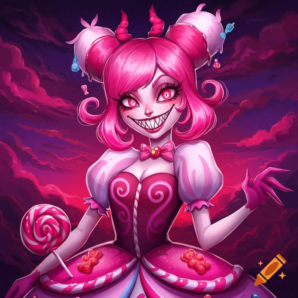 A pink-haired demon girl in a candy dress holding a lollipop, with sharp teeth and a wicked smile.