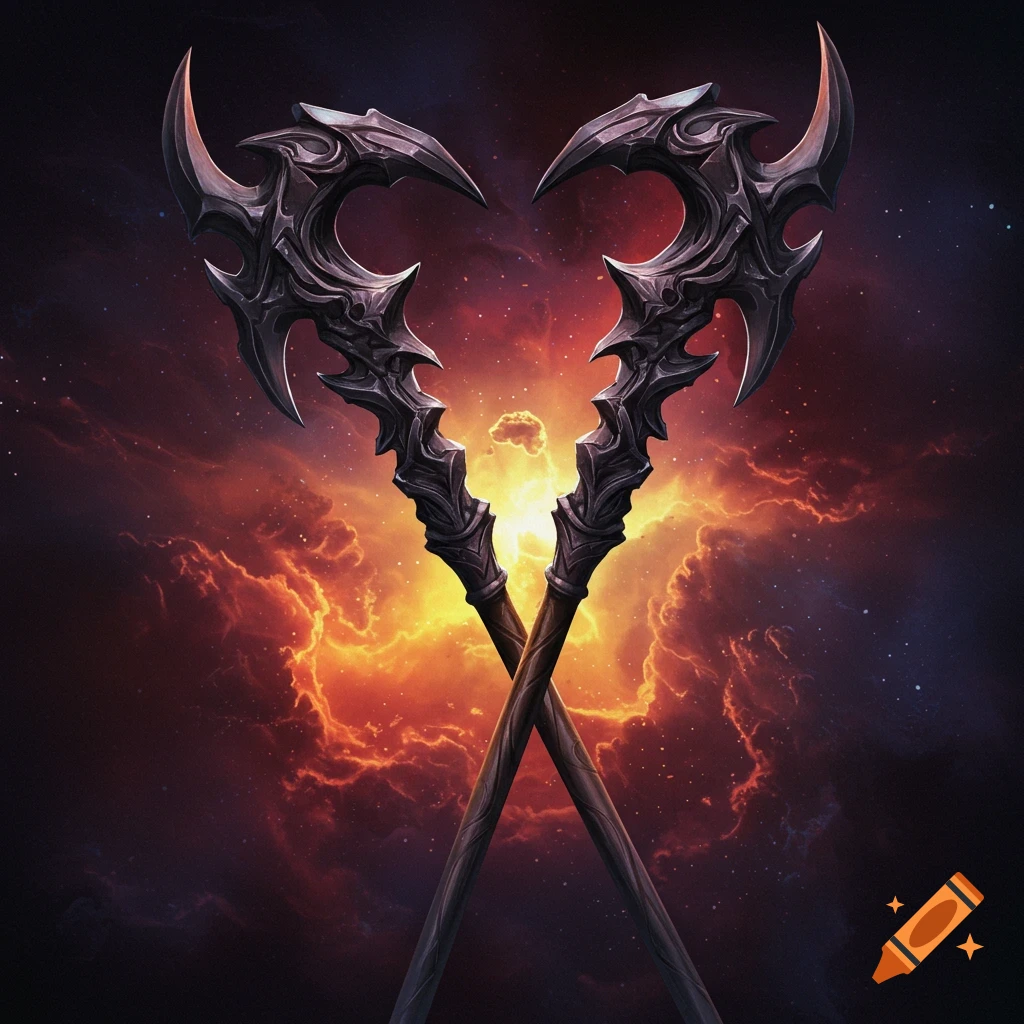 Two ornate fantasy staffs are crossed against a dramatic stormy sky filled with stars.