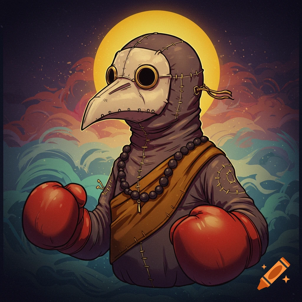 A cartoon illustration of a plague doctor wearing boxing gloves and beads, standing against a sky with a sun and clouds.