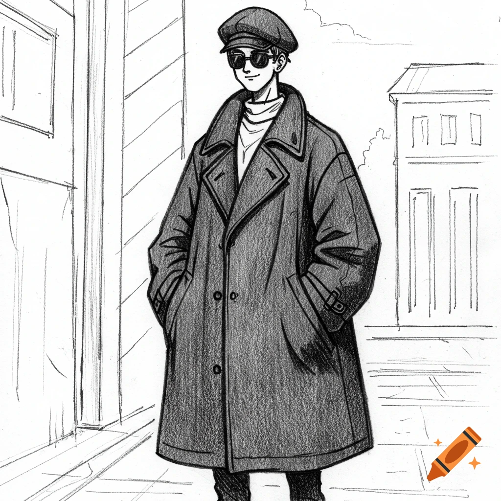Black and white pencil sketch of a person in a trench coat, sunglasses, and cap standing on a street.