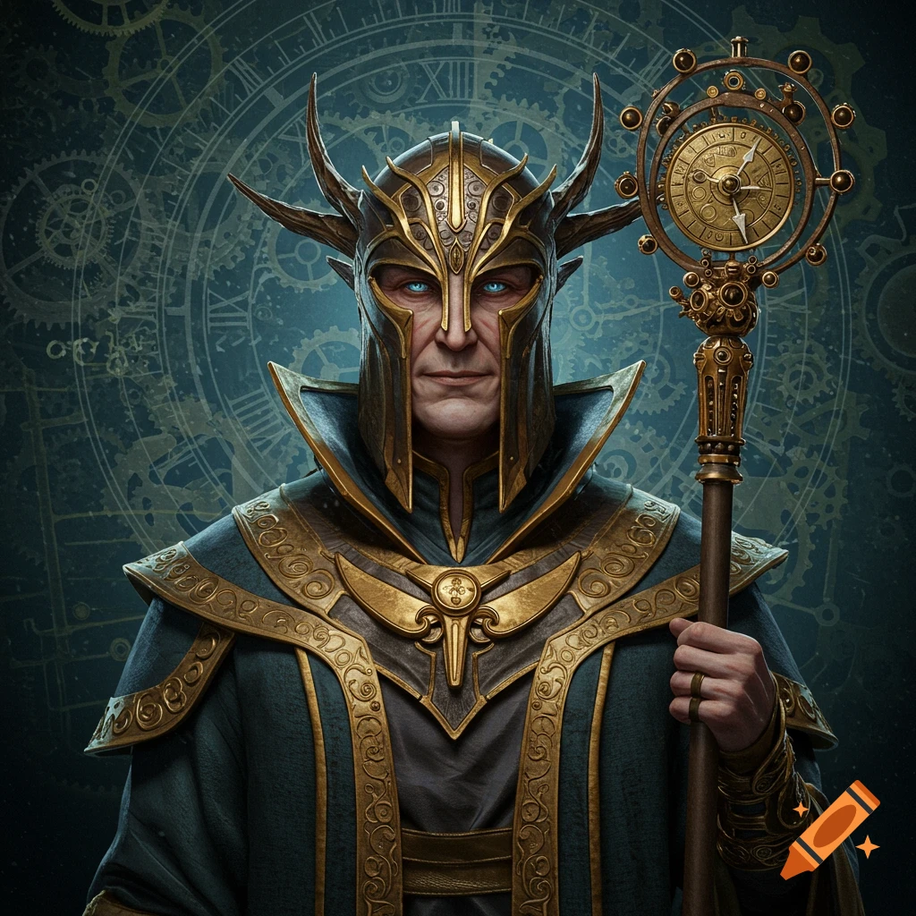 A man in horned golden armor and green robes holds a staff with a clock face on top, against a clockwork background.