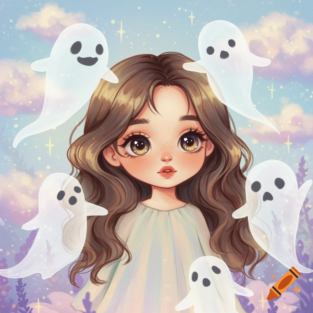 Cute girl with long hair surrounded by translucent ghosts in a dreamy, ethereal style.