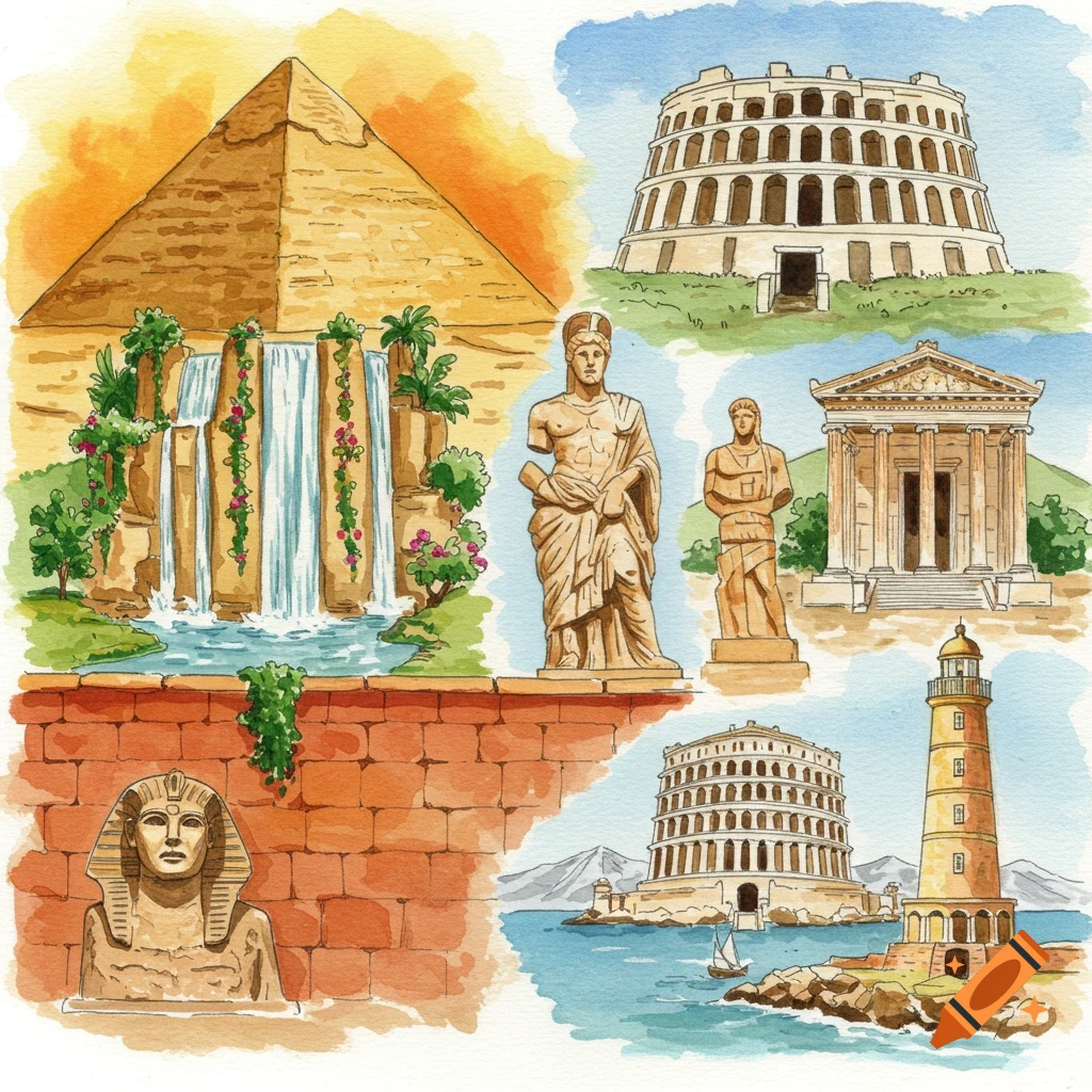 Watercolor illustration of ancient wonders including the Great Pyramid, Colosseum, Sphinx, and Lighthouse of Alexandria.