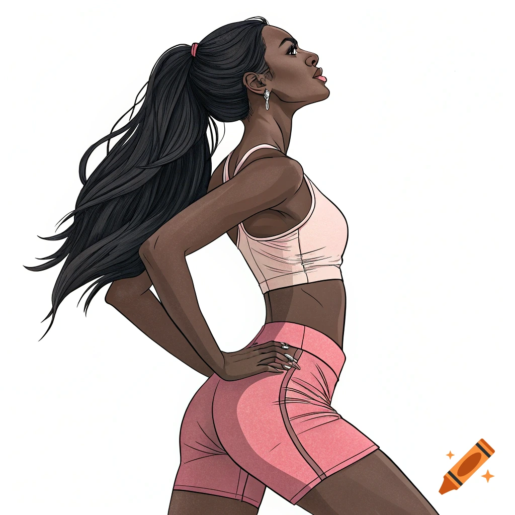 A stylized illustration of a woman with long black hair in workout clothes posing.