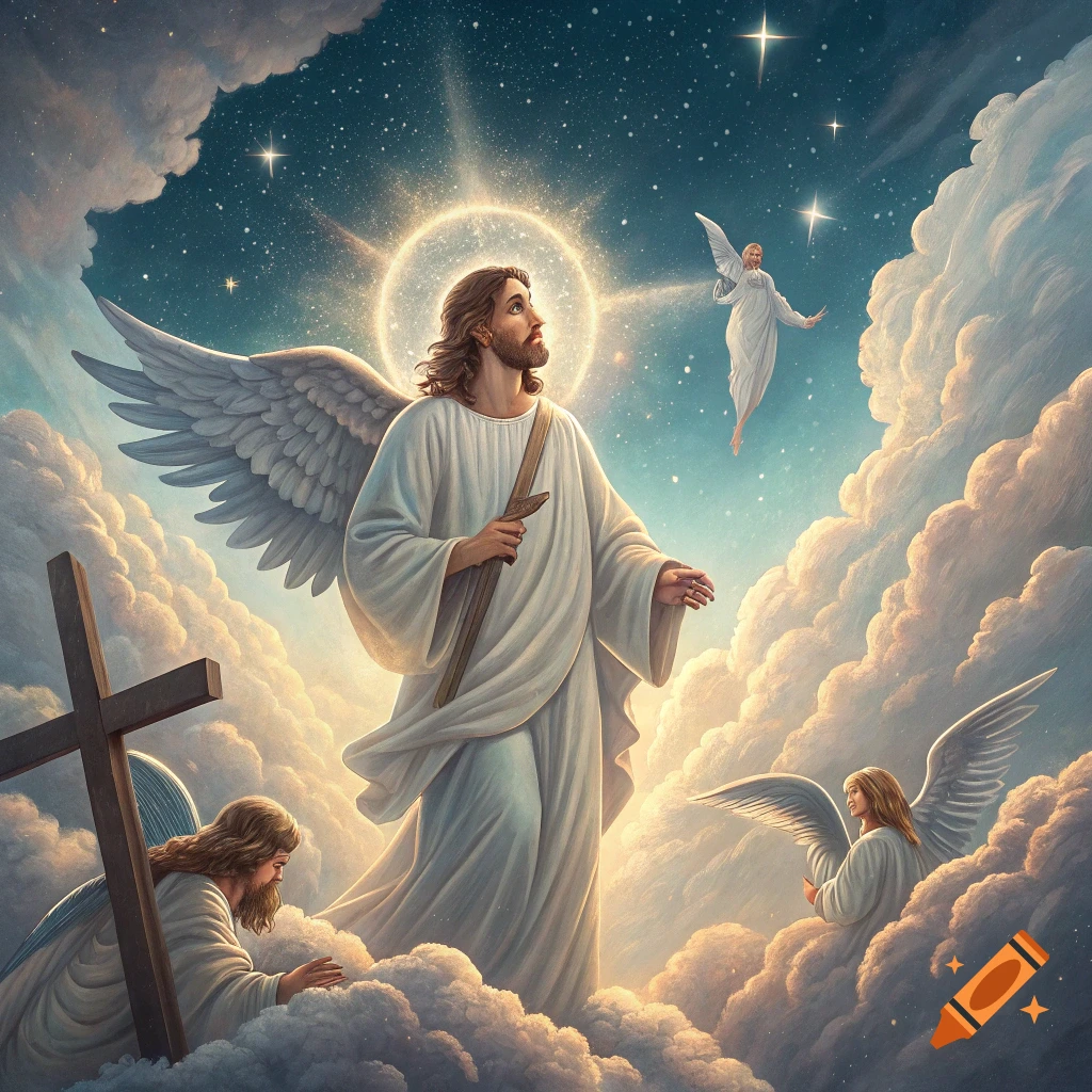 Jesus with wings and halo ascends through clouds and stars, surrounded by angels and a cross in a painting.