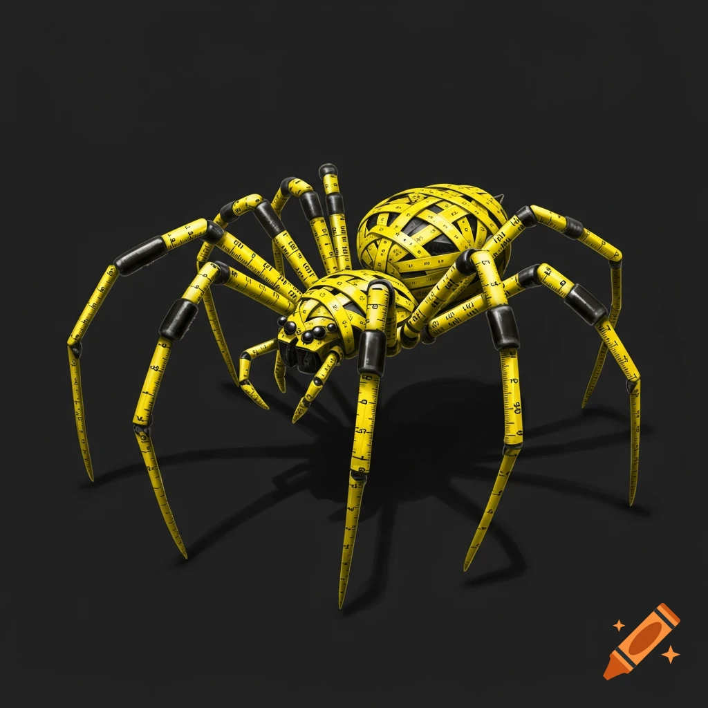 A digitally painted spider constructed from yellow tape measures with black markings.