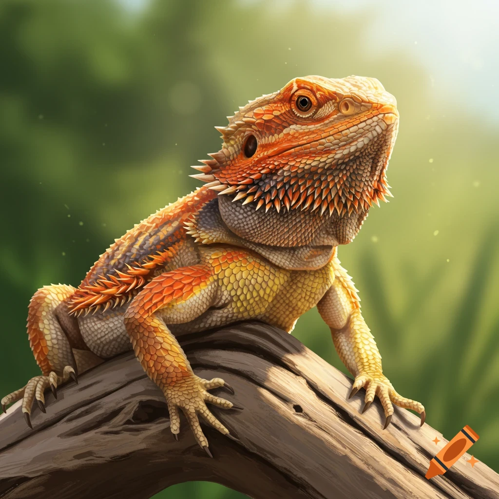 An orange and yellow bearded dragon sits on a branch in nature.