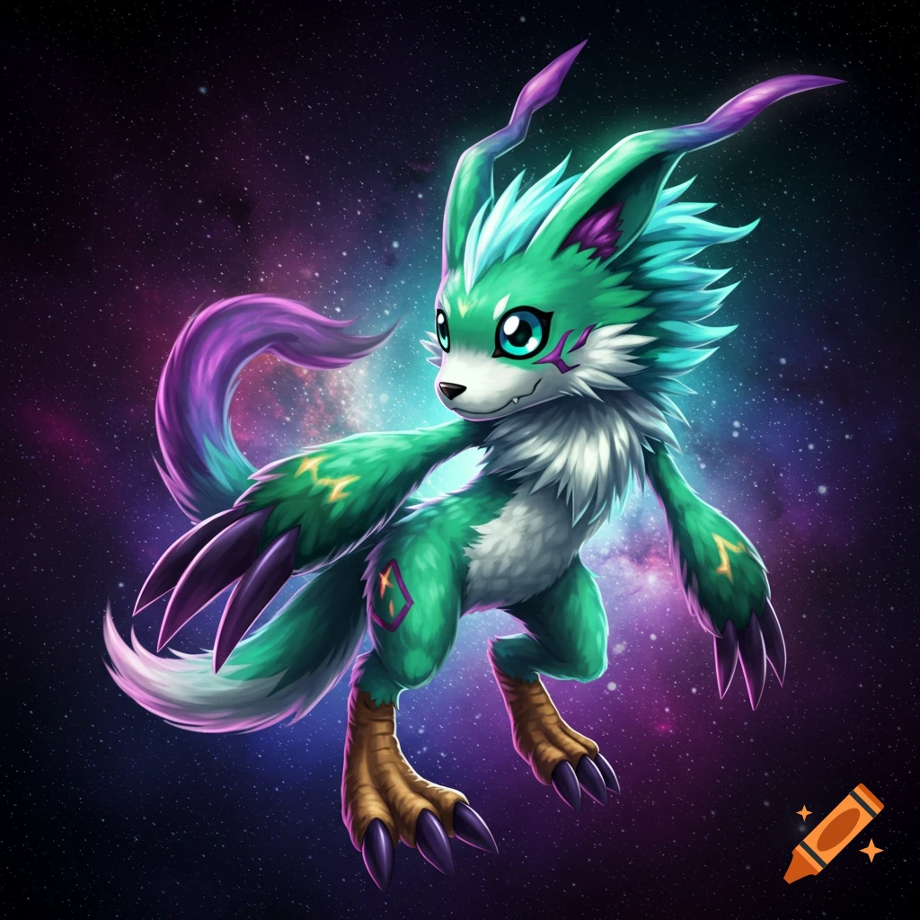 A green furry creature with purple accents floats in space.