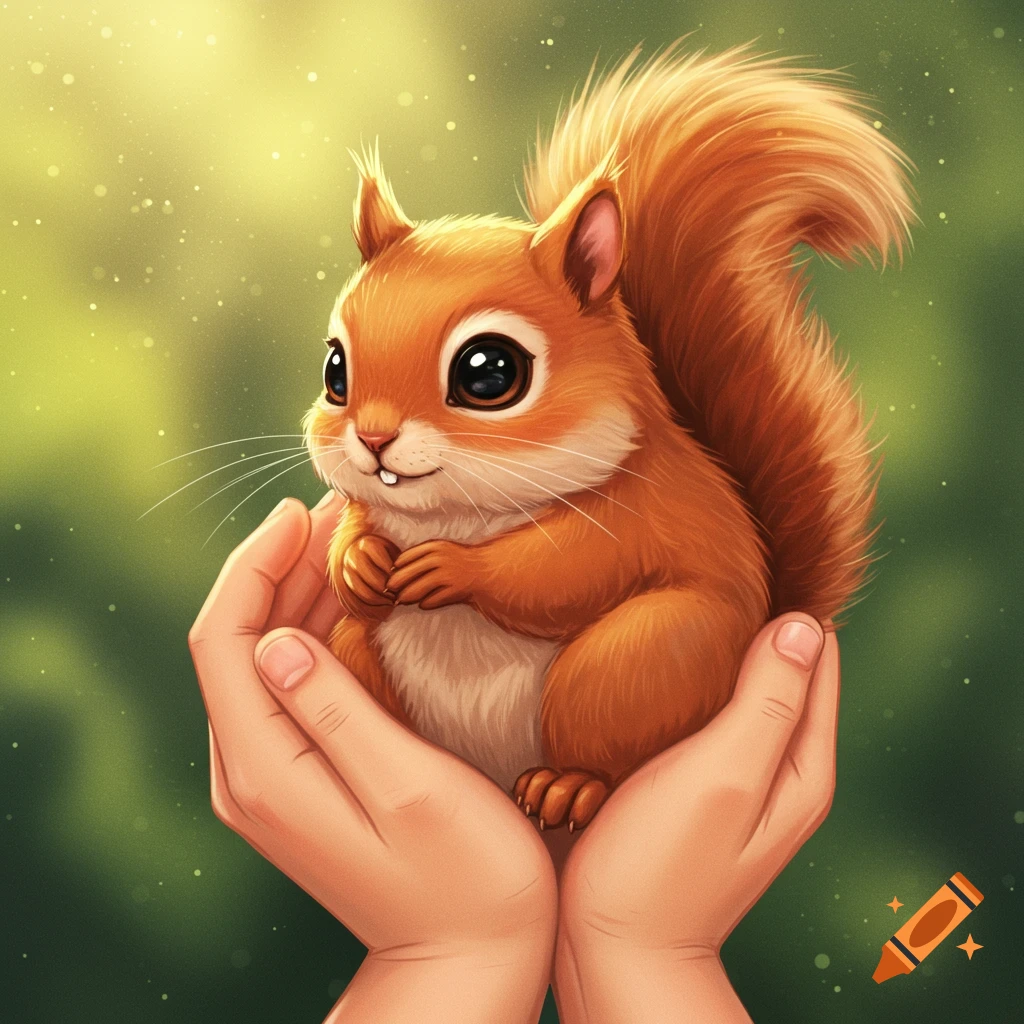 A cute squirrel sits in cupped hands.